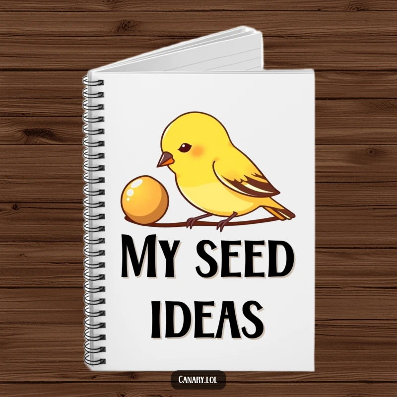 Funny Notebook: A small canary bird pecks intently at a shiny seed, inspiring focused note-taking and goal achievement.