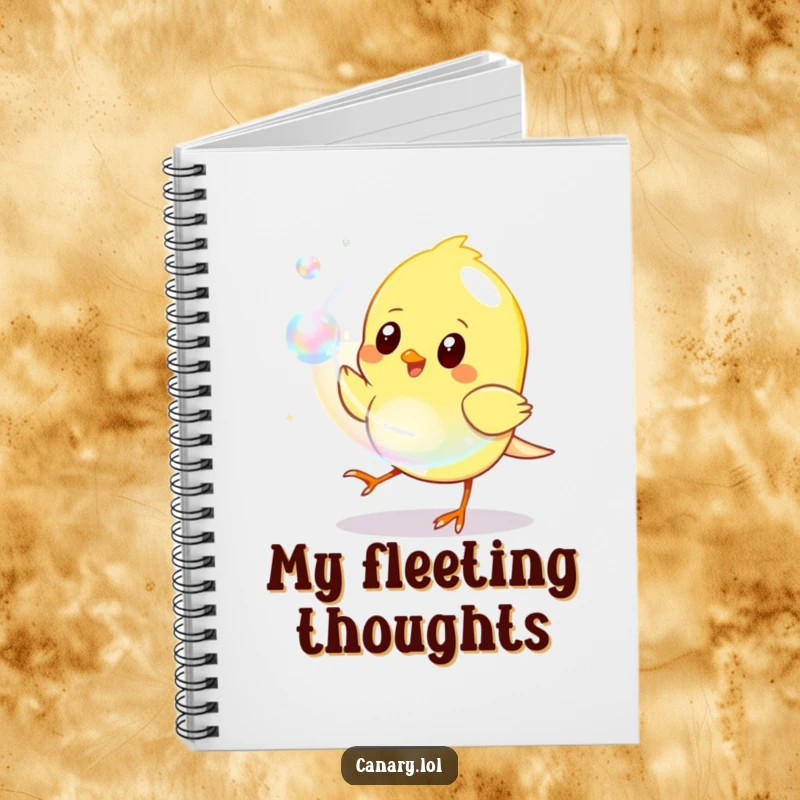 Funny Notebook cover with a yellow canary playfully chasing a shimmering iridescent bubble, perfect for capturing joyful thoughts.
