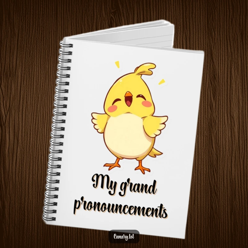 Funny proud canary notebook with chest puffed out and chirping, perfect for jotting down ideas with a humorous, confident flair.