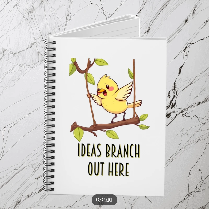 Funny Kawaii Canary Notebook with a cute bird energetically hopping on a swinging branch, designed for joyful journaling and creative writing.