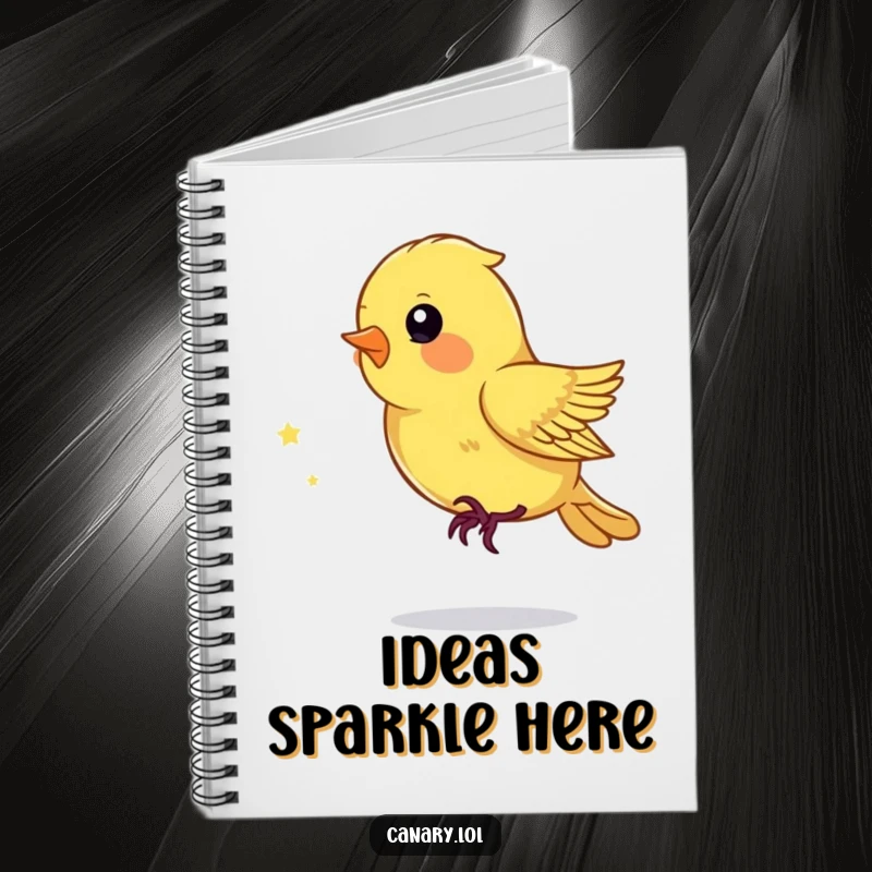 Funny Notebook with a playful canary bird chasing a sparkling dust mote, for capturing notes and ideas.