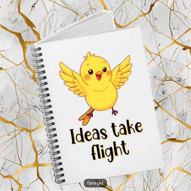 Funny kawaii canary bird notebook, wings fluttering with playful energy, a humorous and functional item for notes.