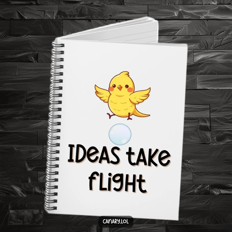 Funny canary bird notebook, dancing with fluttering wings on a bouncing bubble, perfect for jotting down whimsical ideas.
