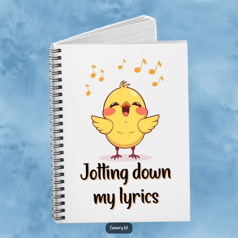 Funny kawaii canary singing notebook, featuring a cheerful bird amidst musical notes, perfect for jotting down ideas with a humorous, musical flair.