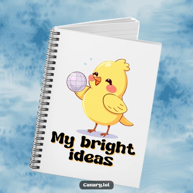 Funny canary bird, small and round, joyfully spinning a shiny disco ball, on the cover of a lined notebook.