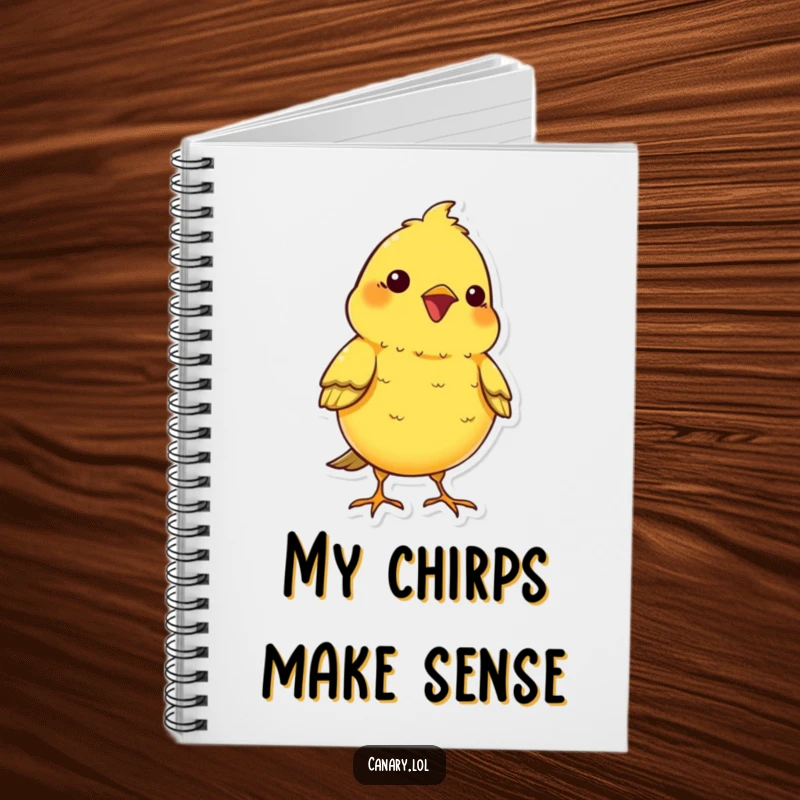 Funny kawaii canary bird notebook, chest puffed out, chirping cheerfully, a humorous and functional item for notes.