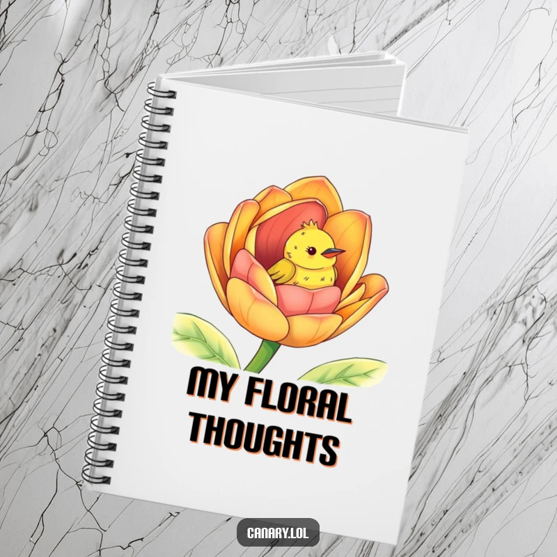 Funny peek-a-boo canary notebook, cute bird peeking from a giant colorful flower bud, for writing.