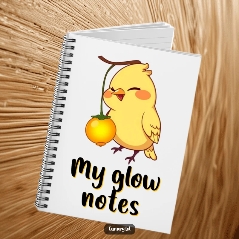 Funny canary bird notebook, mischievous grin, pecking a glowing berry, perfect for notes and doodles.