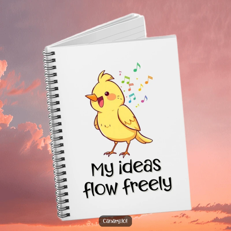 Funny canary bird notebook, spilling a rainbow of musical notes, perfect for jotting down creative and humorous ideas.