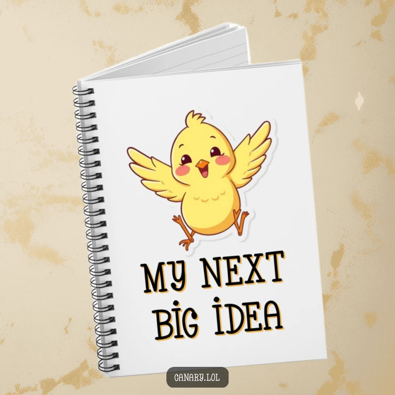 Funny happy canary leaping notebook, featuring a bird with wings spread mid-leap, perfect for jotting down thoughts with a humorous, energetic flair.