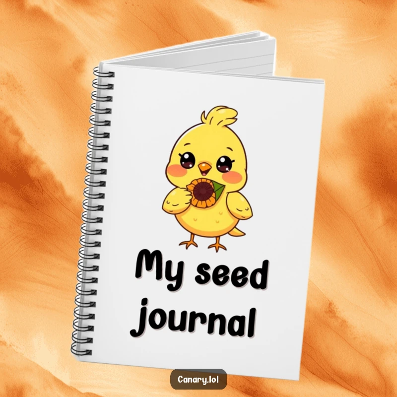 Funny canary bird notebook, radiant smile, balancing a sunflower seed on its nose, perfect for happy notes.