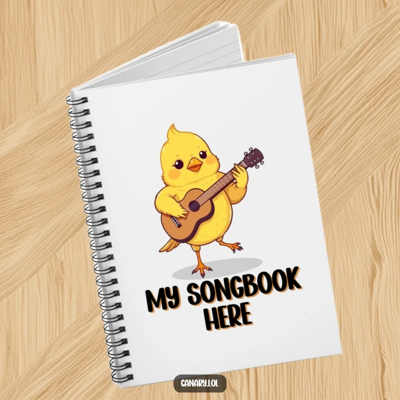 Funny Canary Guitar Notebook featuring a small canary playing a tiny guitar with its feet, ready for musical ideas.
