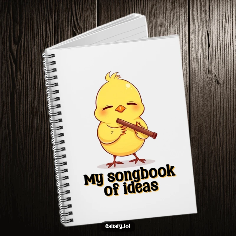 Funny notebook cover with a canary blissfully playing a tiny flute, inspiring musical thoughts and creative writing.