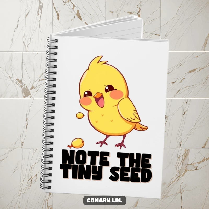 Funny kawaii canary notebook featuring a bird excitedly pecking at a seed, ideal for journaling focused thoughts.