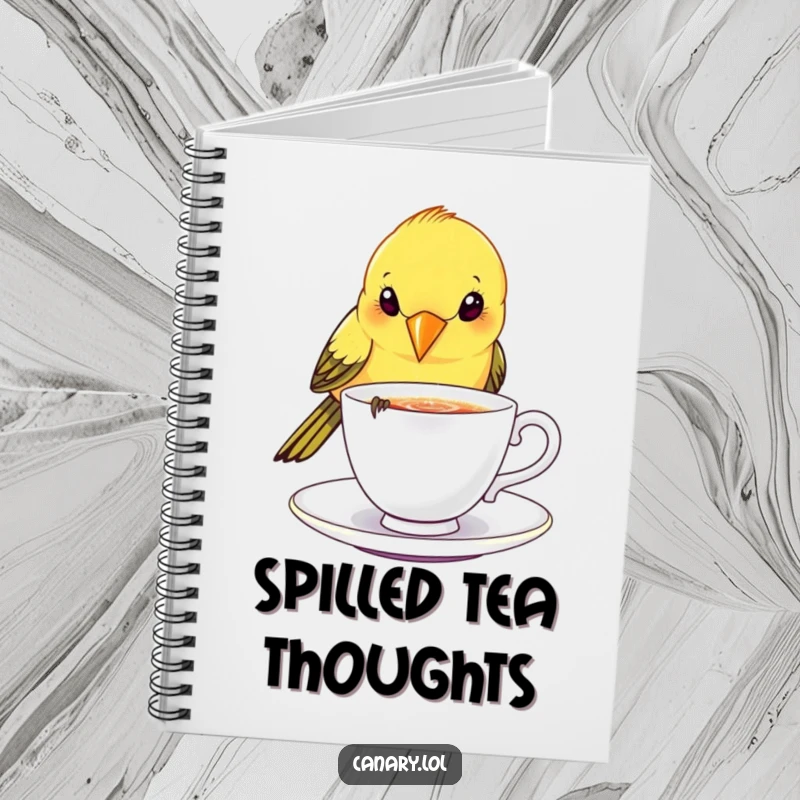 Funny canary bird notebook, playfully dipping beak into a tiny, sparkling teacup, perfect for elegant notes.