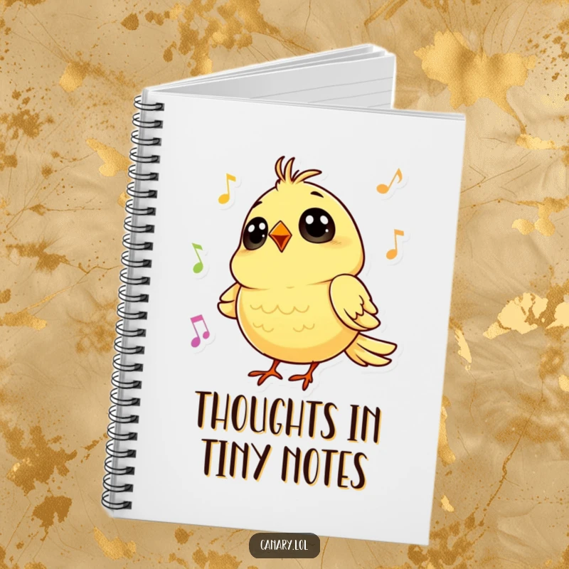 Funny notebook featuring a tiny canary with big, round eyes singing a cheerful tune, ideal for jotting down melodies.