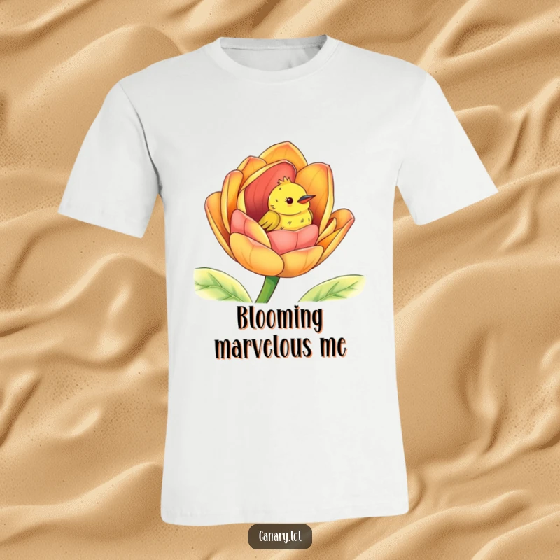 Funny peek-a-boo canary t-shirt, cute bird peeking out from a giant colorful flower bud, playful design.