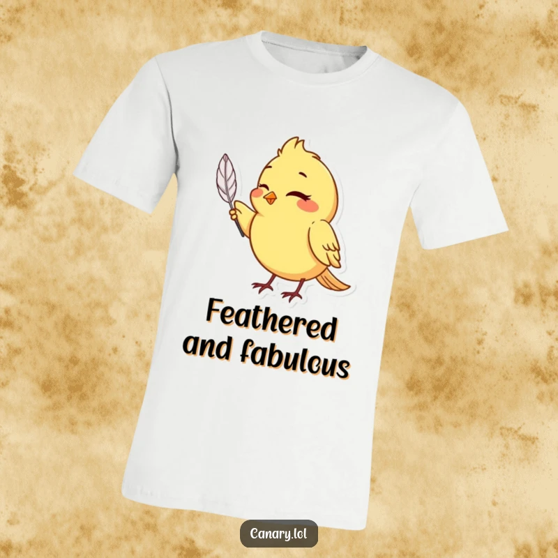 Funny canary bird t-shirt, winking mischievously and holding a single, perfect feather, stylish and sly.