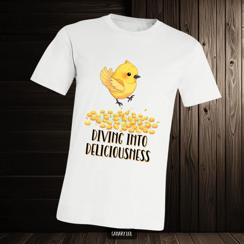 Funny Canary Bird T-Shirt: A happy canary bird takes a graceful dive into a shimmering pool filled with golden seeds, full of glee.
