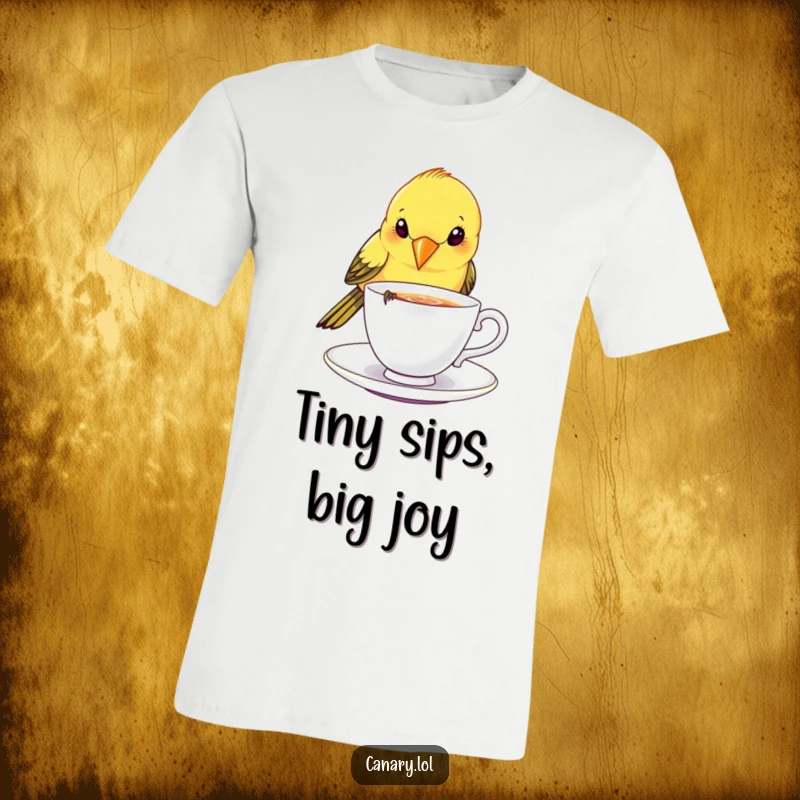 Funny canary bird t-shirt, playfully dipping beak into a tiny, sparkling teacup, charming and humorous design.