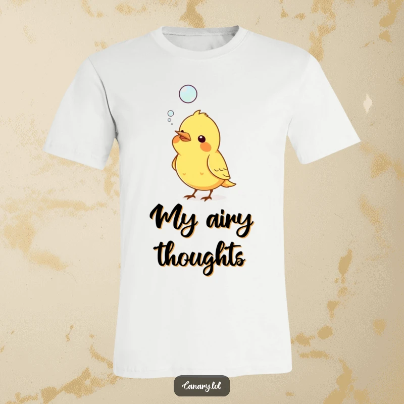 Funny t-shirt graphic of a canary bird with a bubble floating upwards from its beak, depicting a moment of lighthearted fun.
