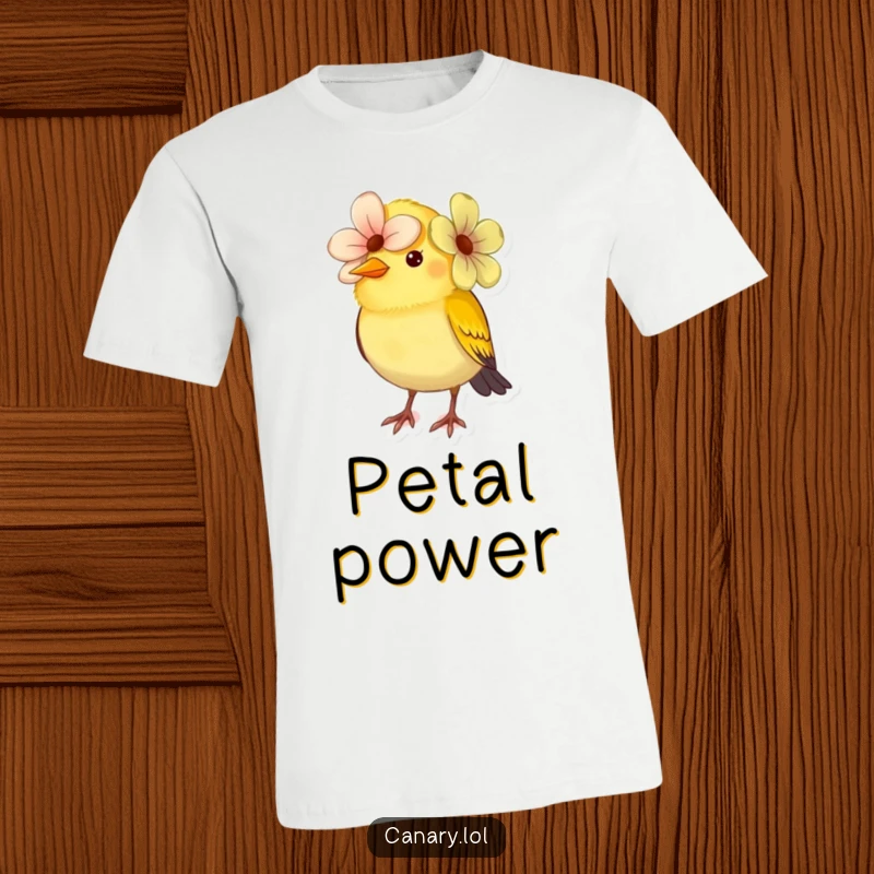 Funny small canary bird t-shirt, flower acting as a hat, looking slightly confused. Adorable and comical avian headwear.