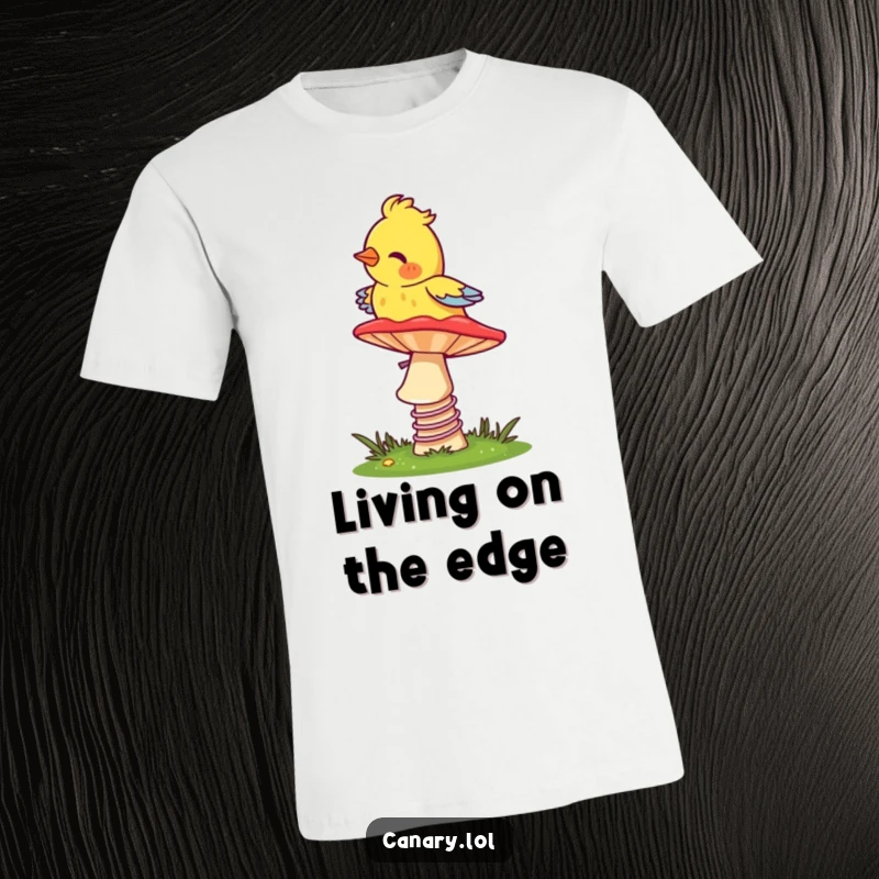 Funny Canary T-Shirt: A happy bird bopping on a colorful mushroom, symbolizing carefree fun and whimsical adventure.
