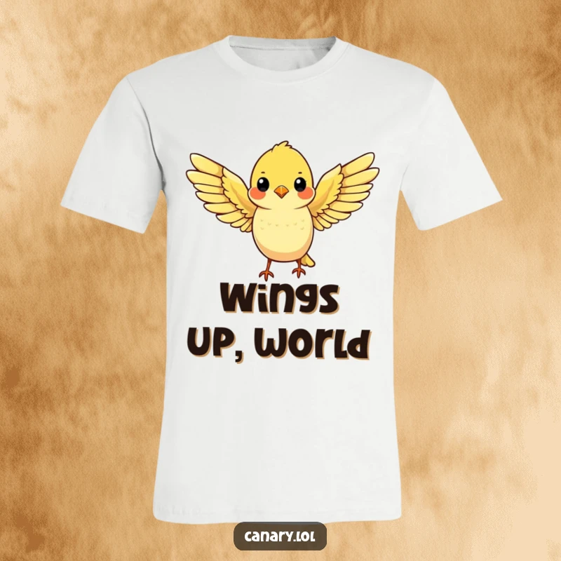 Funny T-shirt graphic of a cute yellow canary with wings spread wide, ready to take flight, symbolizing ambition.