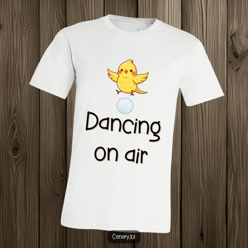 Funny canary bird t-shirt, skillfully dancing with fluttering wings atop a single, bouncy bubble, celebrating whimsical movement.