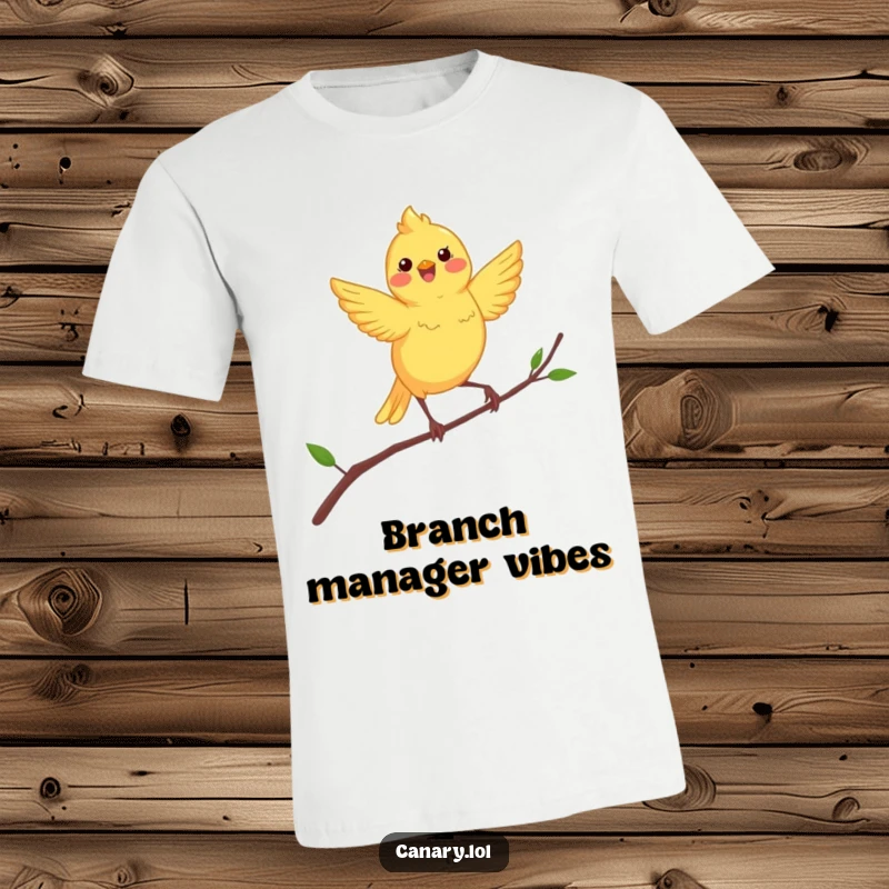 Funny canary t-shirt featuring a happy, energetic yellow bird dancing with abandon on a thin, swaying branch.