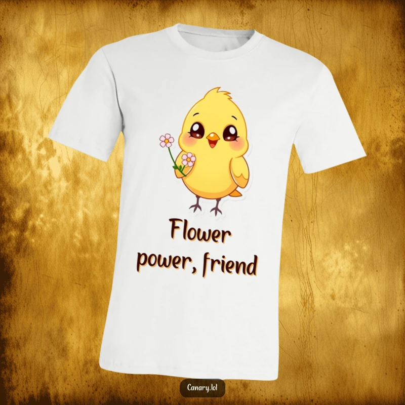 Funny happy canary bird t-shirt, bright eyes, offering a flower, cheerful graphic tee, joyful animal art.
