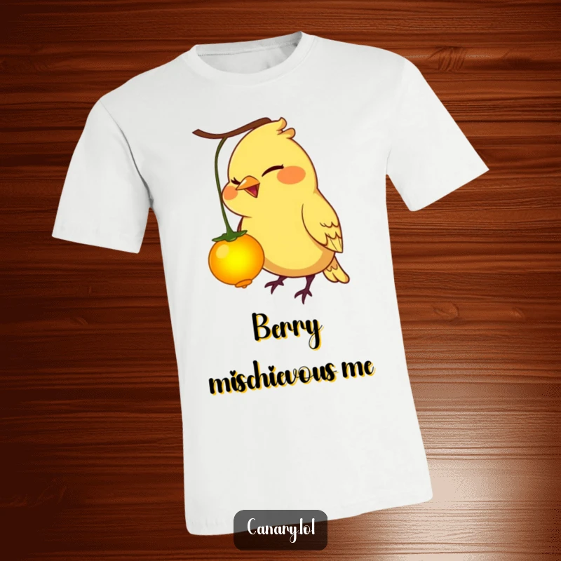 Funny canary bird t-shirt showing a mischievous grin as it pecks at a glowing berry, a playful scene.