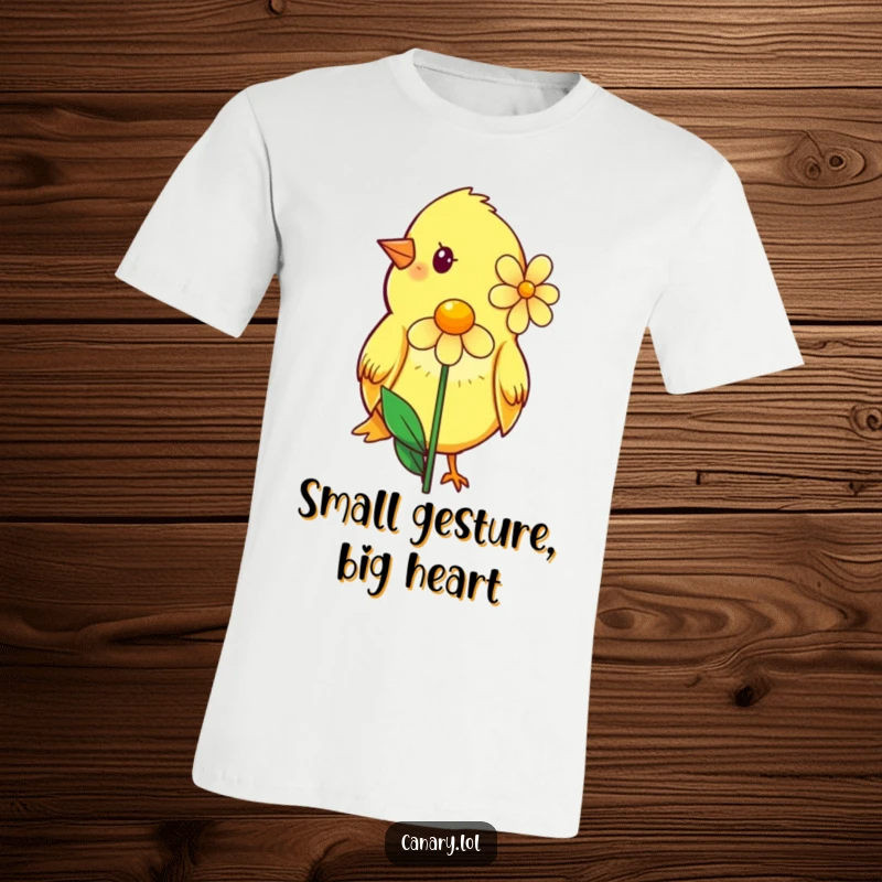 Funny T-shirt showcasing a bashful canary with a shy smile, extending a single, beautiful flower as a token of affection.