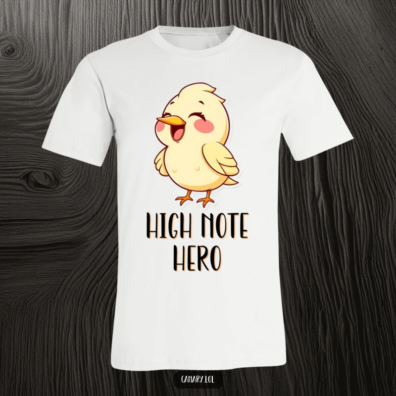 Funny kawaii canary bird t-shirt, large cheerful smile, singing a very high operatic note. A comical, musical avian design.