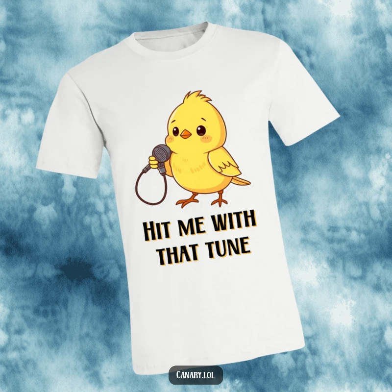 Funny T-Shirt print of a tiny yellow canary striking a dramatic pose with a twig microphone, embodying a comical performer.
