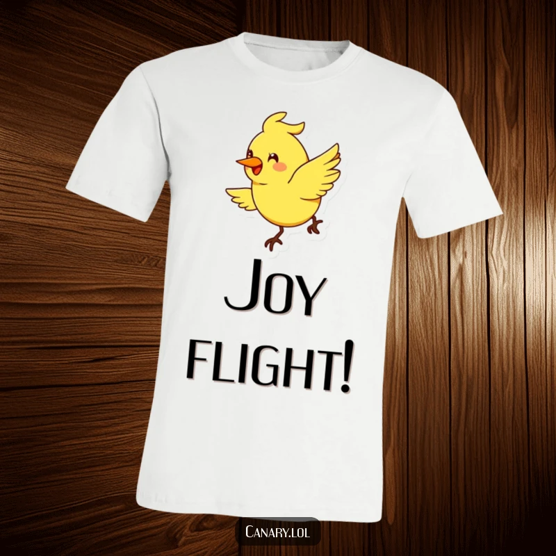 Funny stylized canary bird t-shirt, exaggerated smile, flying in a cheerful arc, joyful graphic tee, humorous print.