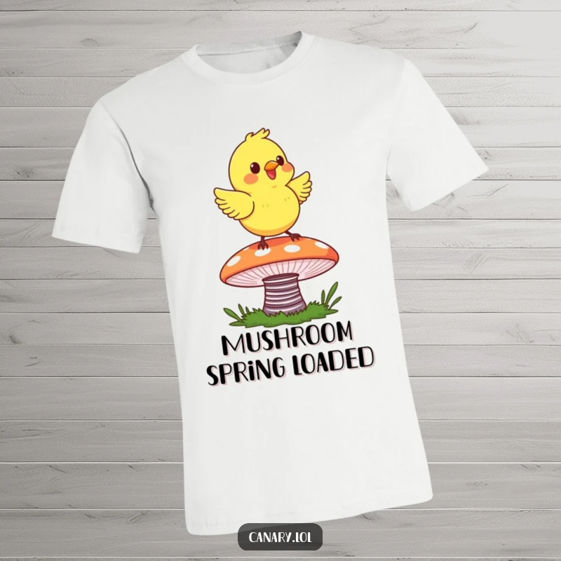 Funny Canary Bounce T-Shirt showing a cheerful canary happily bopping on a colorful, bouncy mushroom cap.