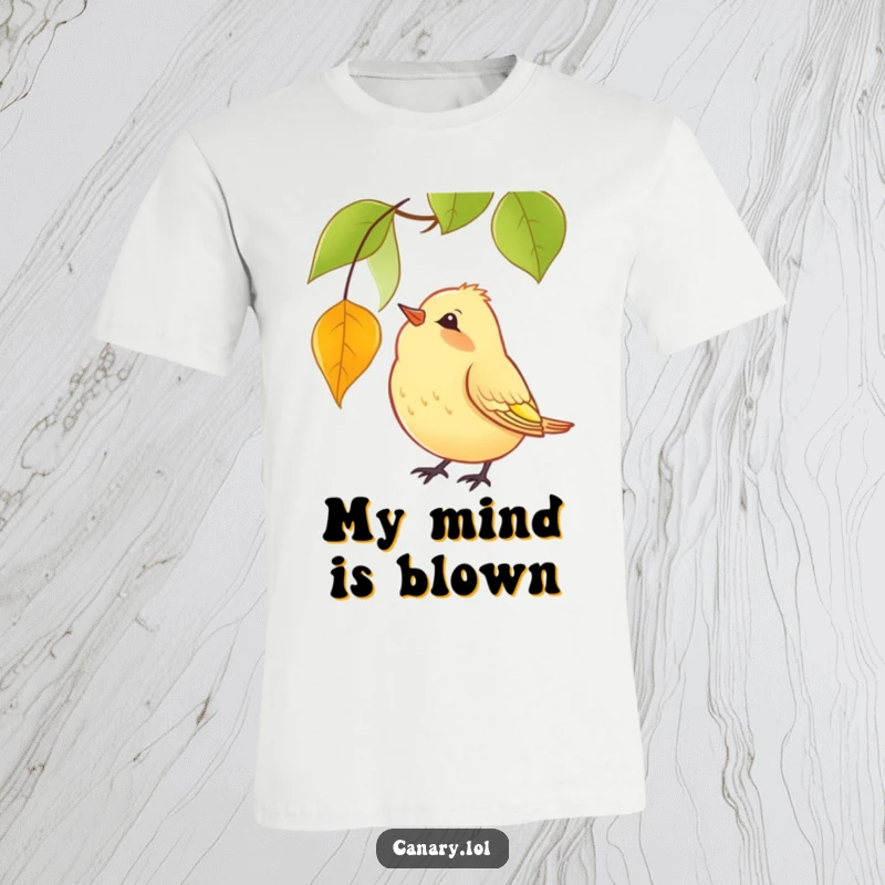 Funny T-Shirt print of a yellow canary humorously tilting its head, watching a red leaf gracefully descend in autumn splendor.