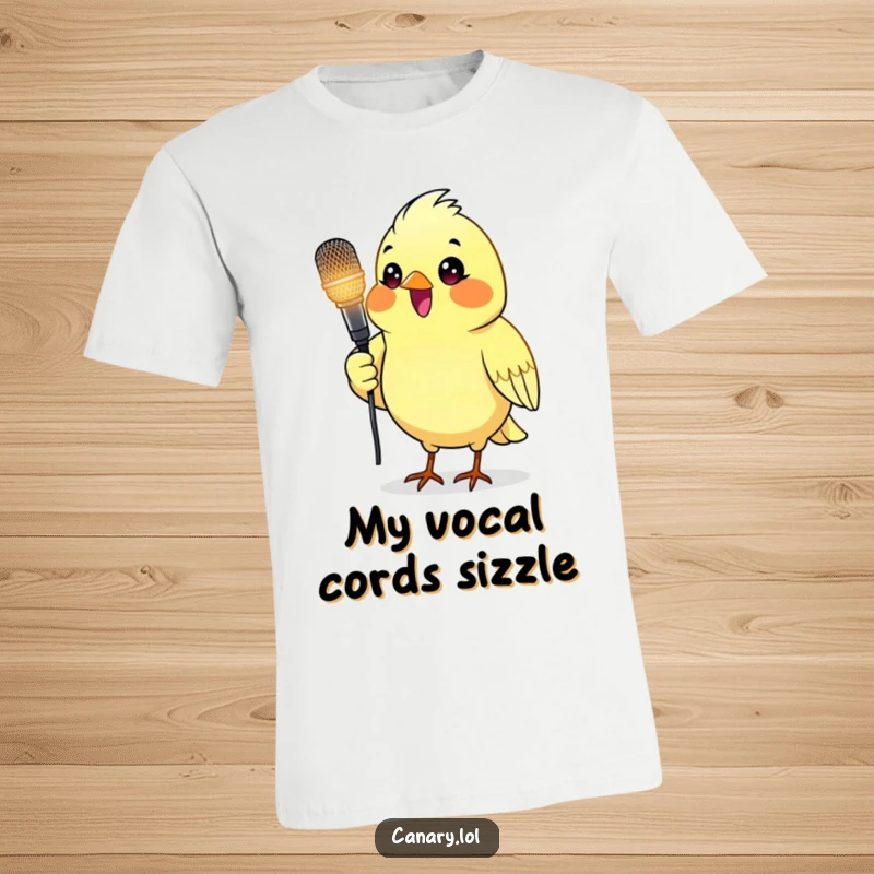 Funny t-shirt depicting a canary bird holding a glowing microphone, ready to deliver a star performance.