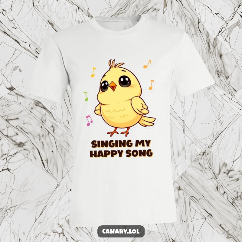 Funny t-shirt with a tiny canary, big round eyes, singing a cheerful tune, perfect for musical and happy individuals.