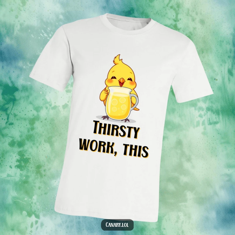 Funny canary bird t-shirt, enthusiastically chugging from a tiny lemonade pitcher, conveying pure joy.