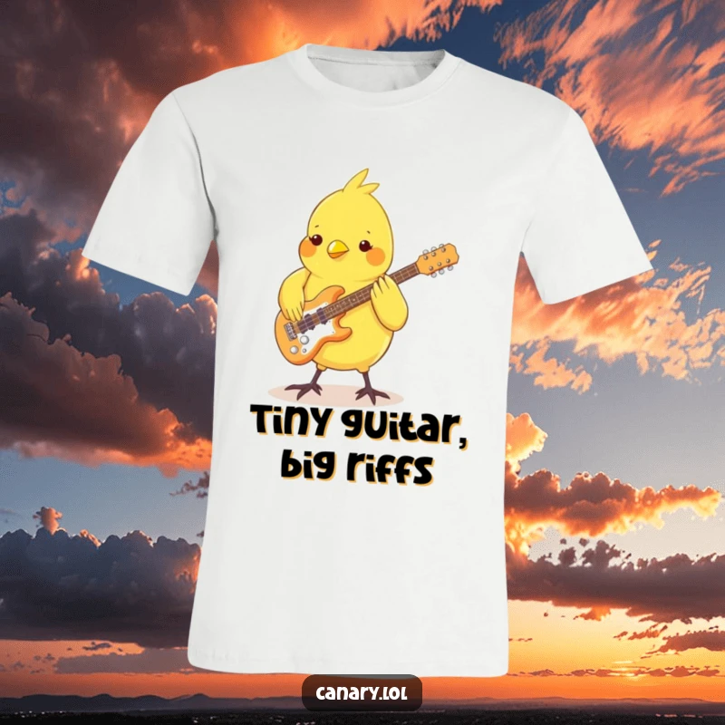 Funny Canary T-Shirt: A small bird strumming a guitar with its feet, looking like a rock legend, great for music fans.