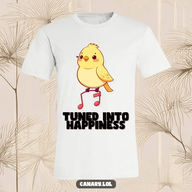 Funny canary t-shirt featuring a content yellow bird perched elegantly on a miniature musical note, looking pleased.