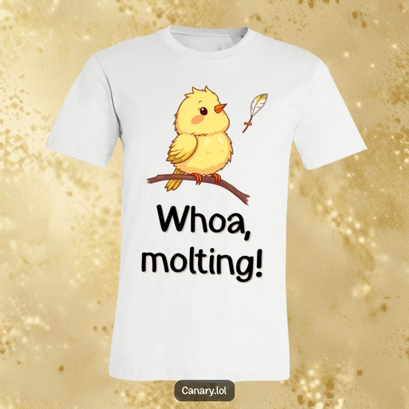 Funny canary bird t-shirt, surprised by a falling feather, comical bird expression, graphic tee for humor lovers.