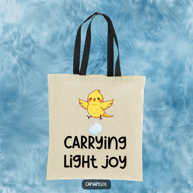 Funny canary bird tote bag, dancing with fluttering wings on a single bubble, perfect for carrying daily items with flair.