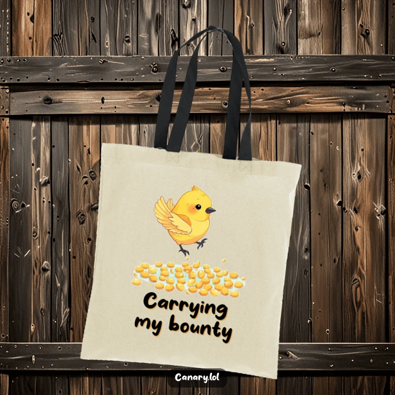 Funny Canary Bird Tote Bag: A canary bird performs a graceful dive into a pool of sparkling golden seeds, a scene of pure delight.