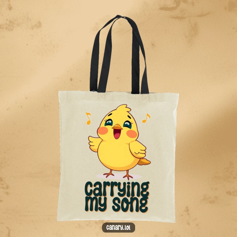 Funny tote bag featuring a cheerful canary bird puffing its chest out, joyfully singing a bright, melodic tune, perfect for stylish carrying.