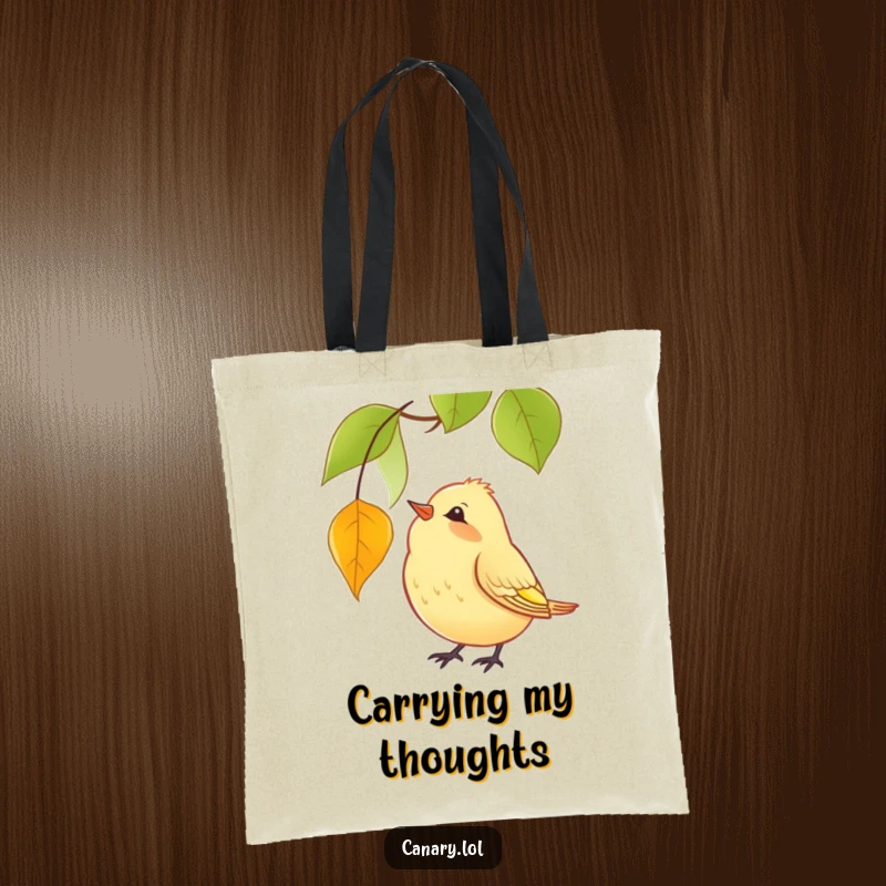 Funny Tote Bag print of a yellow canary curiously watching a red leaf descend, showcasing a charming and humorous autumn moment.