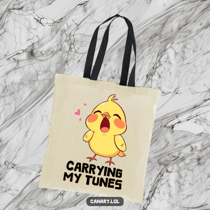 Funny tote bag showcasing a tiny canary singing with its mouth wide open, perfect for carrying items with a musical and humorous flair.