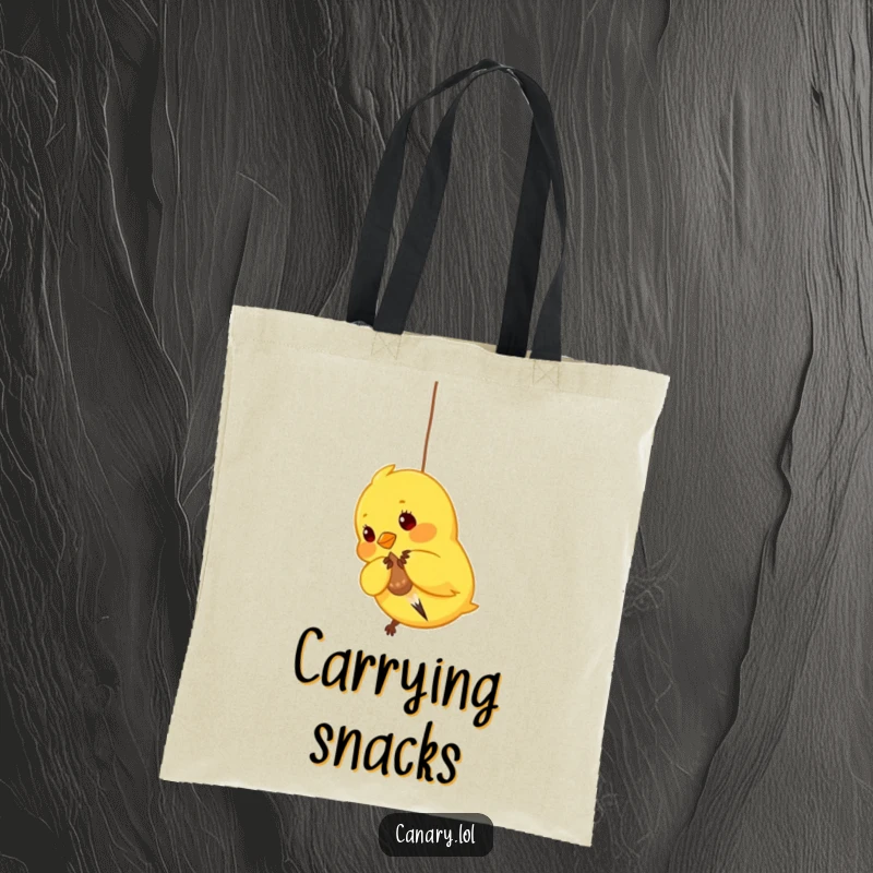 Funny Canary Tote Bag: Durable bag featuring a bright yellow bird pecking at a dangling seed, perfect for carrying snacks or essentials.